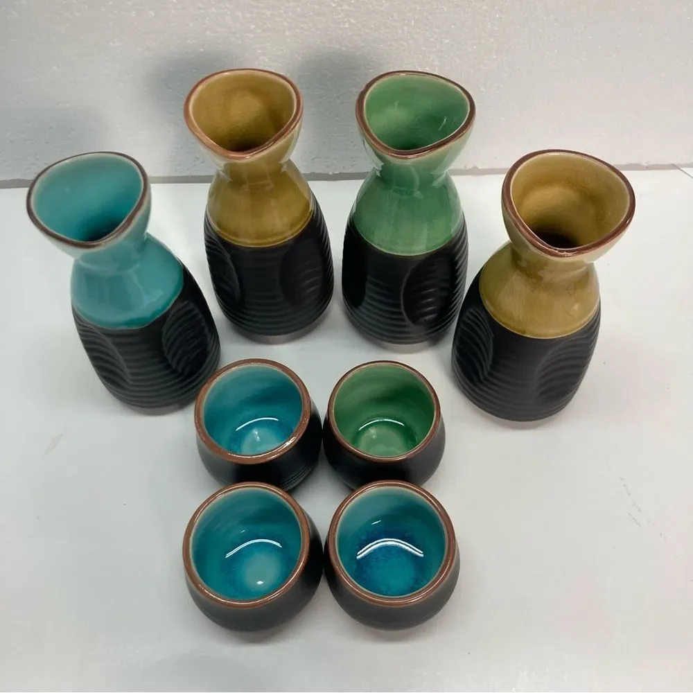 Sake Set 8pc Tokkuri Ochoko Ceramic Multicolor Glaze Japanese Style Gift Set Bar